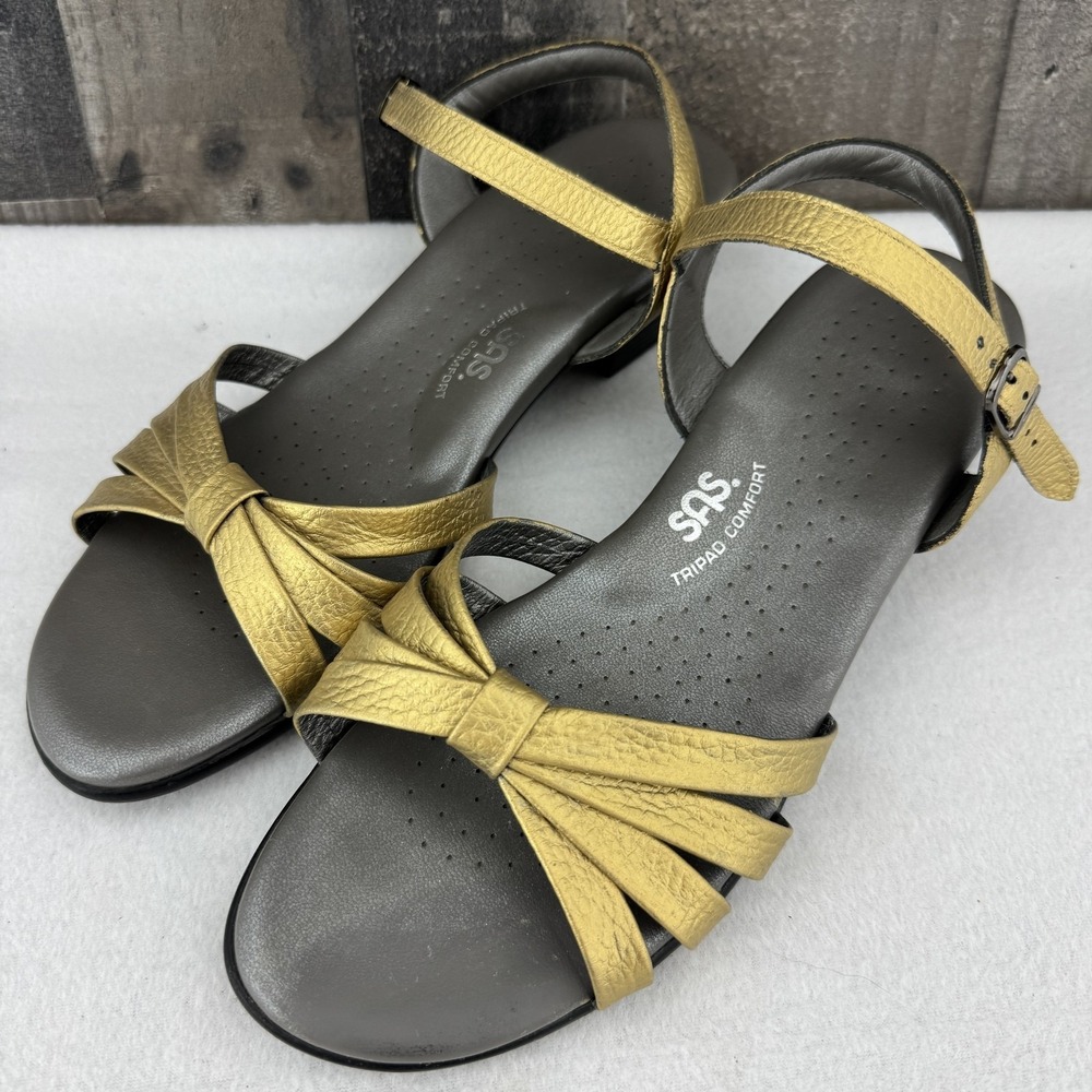 SAS Womens 10.5 Wide Gold Leather Strappy Slingback Sandals Comfort Low Heel